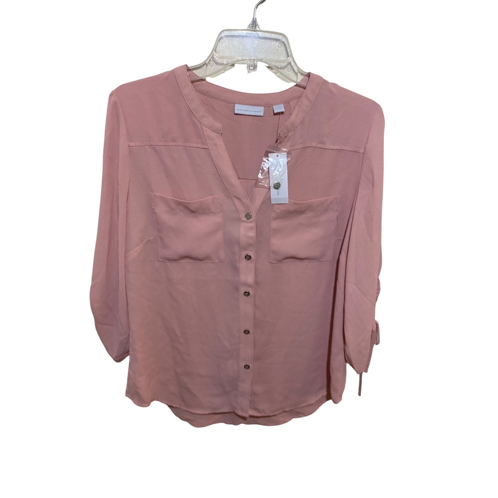 New York & Company Womens Pink Ruched Sleeve‎ Button Front Blouse Top Small NWT